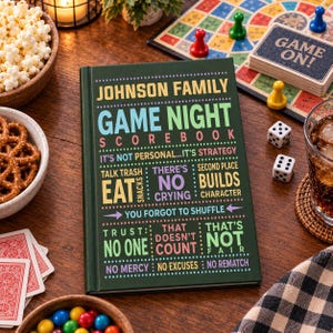 May include: A dark green hardcover scorebook titled Johnson Family Game Night Scorebook with colourful text including phrases like It's Not Personal...It's Strategy, Talk Trash, Eat Snacks, There's No Crying, Second Place Builds Character, and No Mercy.