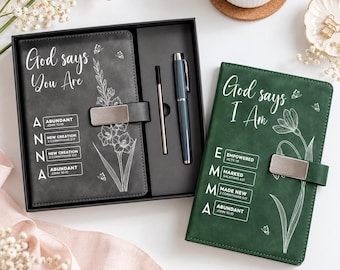 Carnet de notes personnalisé avec nom de la fleur de naissance et versets bibliques, stylo inclus, journal en cuir personnalisé « Dieu dit que tu es », cadeau religieux pour femme