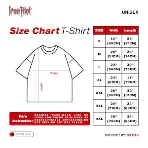 Puede incluir: Tabla de tallas de camiseta blanca con medidas en pulgadas y cent&iacute;metros. La tabla incluye tallas S a 4XL, con un ancho que va de 46 cm a 76 cm y una longitud de 71 cm a 86 cm. La camiseta es unisex.