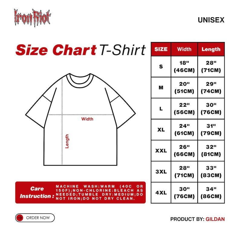 Puede incluir: Tabla de tallas de camiseta blanca con medidas en pulgadas y cent&iacute;metros. La tabla incluye tallas S a 4XL, con un ancho que va de 46 cm a 76 cm y una longitud de 71 cm a 86 cm. La camiseta es unisex.