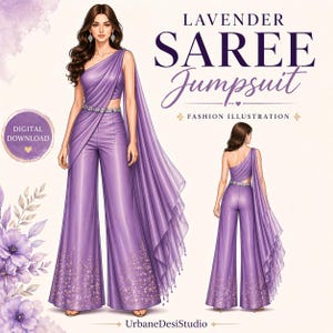 May include: A fashion illustration of a lavender saree jumpsuit. The design features a one-shoulder top, wide-leg pants, and a flowing drape. The jumpsuit is embellished with a jeweled belt and floral accents. The text reads "LAVENDER SAREE JUMPSUIT".
