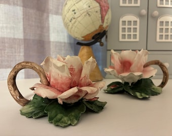 Vintage Capodimonte Porcelain Rose Candlestick Holders