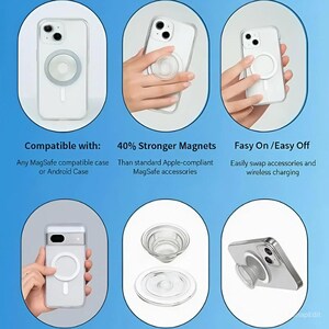 May include: Images of clear phone cases and MagSafe accessories are displayed. Text includes: "Compatible with: Any MagSafe compatible case or Android Case", "40% Stronger Magnets Than standard Apple-compliant MagSafe accessories", and "Fasy On / Easy Off Easily swap accessories and wireless charging."