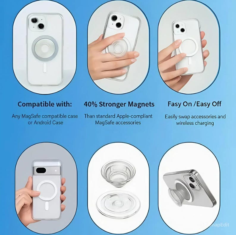 May include: Images of clear phone cases and MagSafe accessories are displayed. Text includes: "Compatible with: Any MagSafe compatible case or Android Case", "40% Stronger Magnets Than standard Apple-compliant MagSafe accessories", and "Fasy On / Easy Off Easily swap accessories and wireless charging."