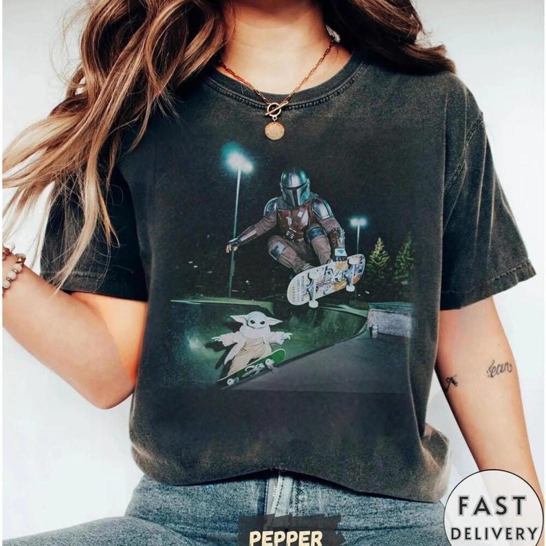 Vintage Starwars Skateboarding Baby Tee, Mando And Baby Yoda Gildan Youth Tee, Disneyland Meme Graphic Tee, Hip Hop Trip Wear, Starwars Gift image 3