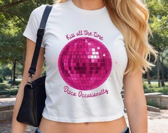 Disco Ball Kiss All The Time Y2K Baby Tee, Retro Pop Aesthetic Shirt, Vintage Inspired Graphic Tee