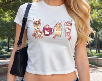 Hello Kitty Drinks Baby Tee, Cute Hello Kitty Coffee Shirt, Kawaii Sanrio Characters Tee, Hello Kitty Aesthetic Gift Pop Culture Graphic Tee