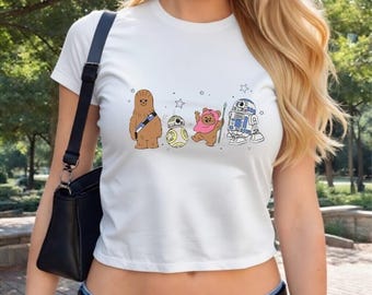 Starwars Baby Tee CropTop, Cute Starwars characters tee, Galaxy's Edge Starwars Birthday Girl, Chewbacca ewok Disneyland Girls Trip Croptop