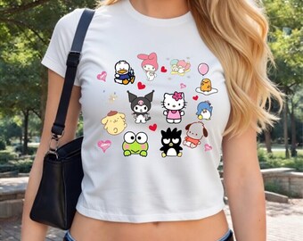 Sanrio Friends Tee Hello Cat Baby Tee, Cute Girl Shirt Birthday Girl Gift for Her Kawaii Outfit Kuromi Tee Birthday Tshirt