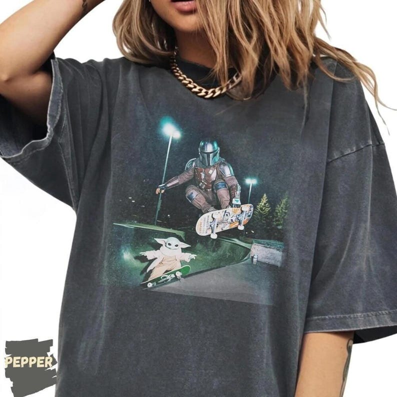 Vintage Starwars Skateboarding Baby Tee, Mando And Baby Yoda Gildan Youth Tee, Disneyland Meme Graphic Tee, Hip Hop Trip Wear, Starwars Gift image 2
