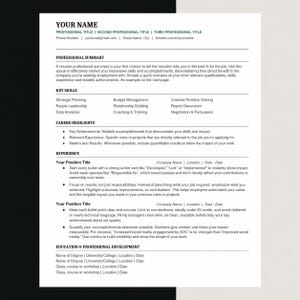 May include: A professional resume template printed on white paper with black text. The layout includes sections for contact information, a professional summary, key skills, career highlights, work experience, and education and professional development.