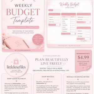 May include: A pink and white digital weekly budget template with the text "Weekly Budget Template." The template includes sections for income, expenses, and savings, with the price of $4.99.