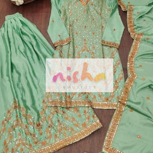 Designer Embroidered Chinon Sharara Suit Set with Dupatta | Sequin Work Party Wear Ethnic Outfit.