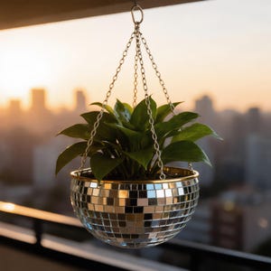 Puede incluir: Una maceta colgante con diseño de bola de discoteca, cubierta con pequeños azulejos de espejo plateados y reflectantes. El recipiente en forma de cuenco está suspendido por tres finas cadenas de metal plateado unidas a un anillo superior, conteniendo una planta verde.