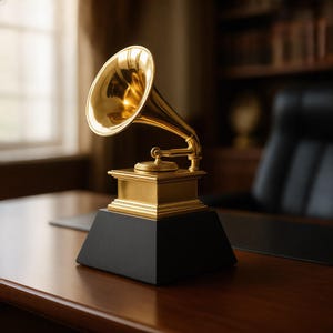 May include: A gold-coloured gramophone trophy featuring a metallic horn and a square base, mounted on a solid black, truncated pyramid-shaped pedestal. The object displays a polished, reflective surface with intricate detailing on the horn and base.