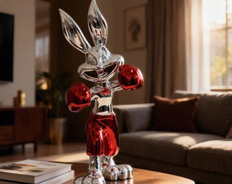 Chrome Bunny Figurine with Boxing Gloves Decorative Rabbit Boxer Statue Pop Art Decor