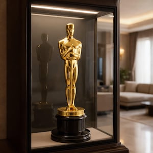 May include: A gold-colored statuette of a stylized human figure standing with arms crossed, mounted on a tiered black circular base. The statuette is enclosed within a glass display case with an internal light source illuminating the metallic surface.