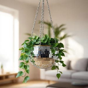 Disco Ball Hanging Planter Silver Mirror Plant Pot for Desktop and Indoor Garden