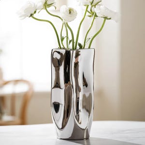 Silver Ceramic Vase Electroplated Flower Irregular Porcelain Tabletop Modern Decor