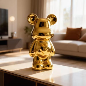 Könnte beinhalten: Eine reflektierende, goldfarbene bärenförmige Figur mit einer glatten, glänzenden Oberfläche. Die Skulptur verfügt über abgerundete Ohren, einen definierten Kopf und einen stilisierten Körper mit einer herzförmigen Vertiefung auf der Brust.