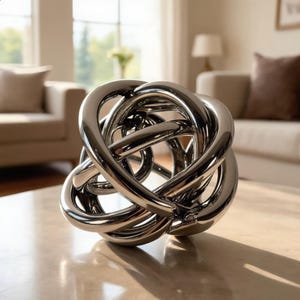 Peut inclure: Une sculpture en métal argenté poli composée d'une série de boucles lisses et arrondies interconnectées formant un nœud sphérique complexe. La surface est hautement réfléchissante, révélant des reflets et des ombres sur ses courbes.