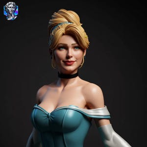 May include: A detailed figurine of a blonde character with an updo hairstyle, wearing a teal off-the-shoulder dress with white accents, a black choker, and white gloves. The character has blue eyes and a subtle smile, presented against a dark background.