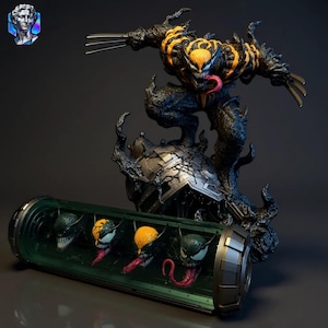 May include: A detailed statue of a Venomized Wolverine in a dynamic pose, with claws extended and tongue out. The figure is black and orange, standing on a textured base. A glass tube displays four Venom head variations. A bust of a classical figure is in the upper left.