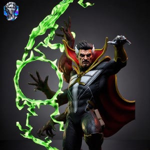 Puede incluir: Una figura coleccionable detallada de un personaje con bigote, vestido con un traje negro y blanco con una capa de cuello alto roja y dorada. La figura tiene varios brazos y está rodeada por un efecto de energía verde translúcido.