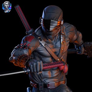 May include: A detailed action figure of a ninja in a black suit with a mask, holding two red-handled swords. The figure has red accents on the arms and a black belt. The background is black.