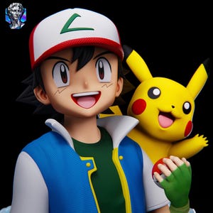 Puede incluir: Una figura de un personaje de pelo negro que lleva una gorra blanca y roja con un símbolo verde, una chaqueta azul y blanca y una camiseta verde. Junto al personaje hay una criatura amarilla con mejillas rojas que sostiene una esfera roja y blanca.