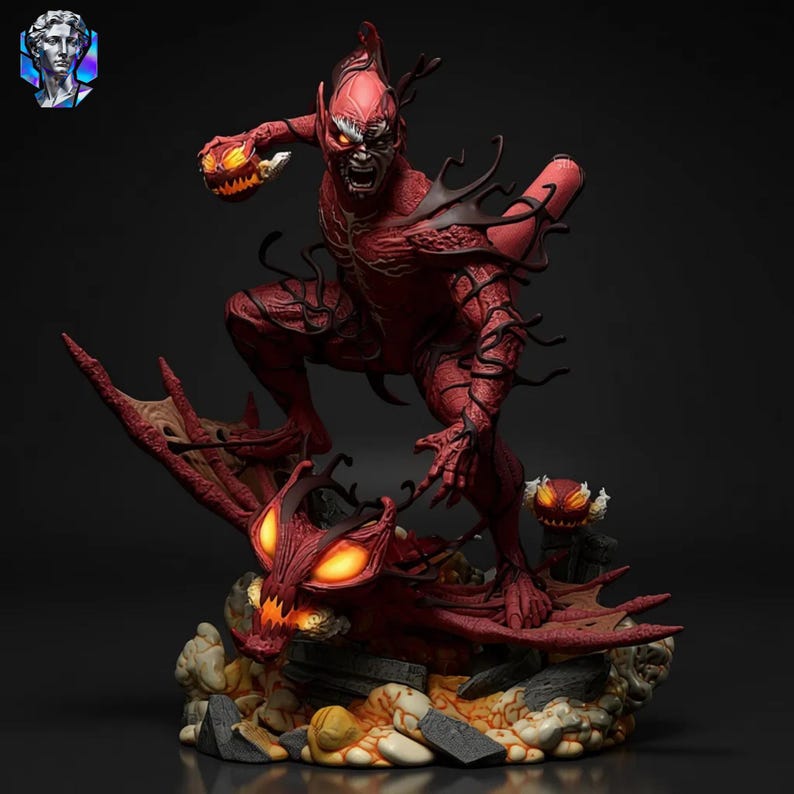 May include: A red and black figurine of a demonic creature with glowing orange eyes, holding a jack-o'-lantern. The figure is posed on a rocky base with a dragon-like creature. A smaller jack-o'-lantern is also present.