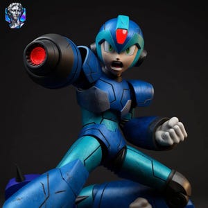 May include: A detailed figurine of a blue-armoured character, featuring a cannon arm with a red focus. The figure is in a dynamic pose, with a helmet sporting a red crest and green eyes. Set against a dark backdrop.