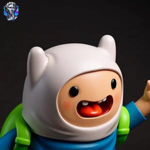 May include: A close-up of a cartoon character figurine with a white hat, large black eyes, and a smiling mouth with a red tongue. The figure wears a blue shirt and a green backpack. The figurine is a collectible item.