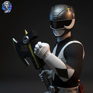 May include: A black and white action figure of a character in a helmet and suit, holding a black and gold axe. The figure has white gloves and accents. The helmet has a yellow visor. The figure is posed against a dark background.