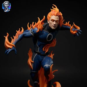 May include: A detailed figurine of a superhero in a dynamic pose, engulfed in orange flames. The figure wears a dark blue suit with a circular emblem. The hair and eyes glow with an orange hue, set against a dark background.