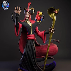 May include: A detailed figurine of a tall, slender character wearing a black and red robe with a high collar, a matching turban with a red gem, and a black goatee. A red parrot sits on the shoulder, and a gold cobra-headed staff is held in one hand.