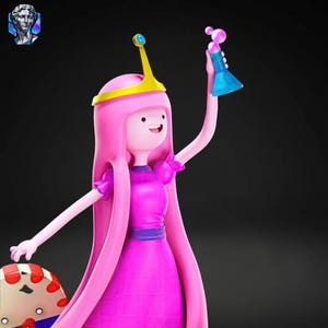 May include: A 3D-rendered figurine of Princess Bubblegum from Adventure Time. The figure is primarily pink, with a magenta dress, a gold crown, and a blue flask. The character has long pink hair and is smiling.