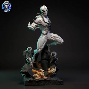 May include: A white and gray figurine of a superhero in a dynamic pose, leaping over a rocky base. The figure has a detailed, armored appearance with a mask. The base includes smaller, stylized figures and textured elements. The overall aesthetic is futuristic and artistic.