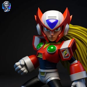 May include: A detailed figurine of Zero from the Mega Man X series. The figure features a red and white helmet, armor, and a yellow ponytail. The character has green eyes and is posed with a clenched fist.