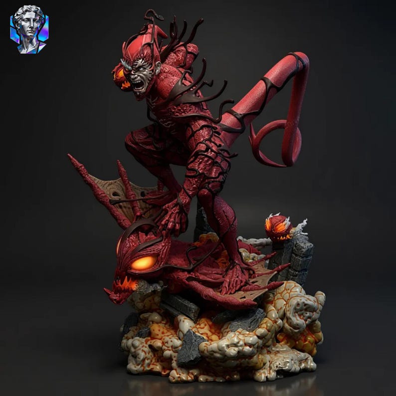 May include: A detailed red and black figurine of a comic book character in a dynamic pose. The figure has a menacing expression and is perched atop a creature with glowing orange eyes. The base features a rocky, cloud-like texture.