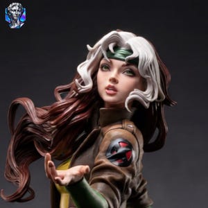 May include: A detailed collectible figurine of a character with long brown hair featuring prominent white streaks, wearing a green headband, a brown leather-style jacket with a black and red circular emblem on the shoulder, and a yellow top.