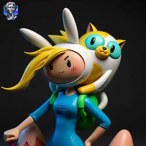 May include: A colorful figurine of a cartoon character with blonde hair, a blue dress, and a white hat with bunny ears. A yellow and white cat-like creature is hugging the character from behind. The figurine has a cartoonish style and is set against a dark background.