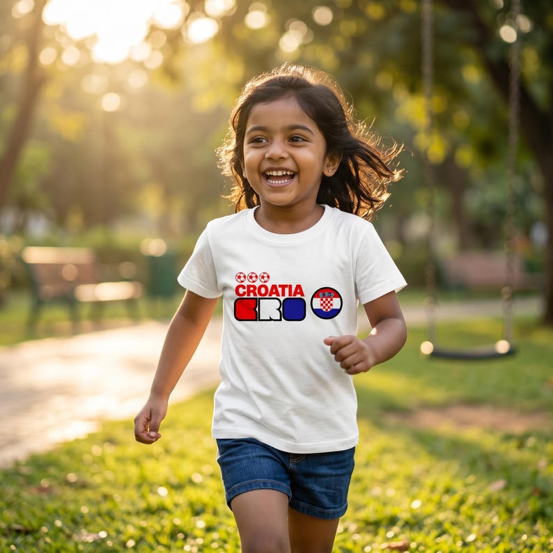 Puede incluir: Una camiseta blanca de manga corta con un dise&ntilde;o gr&aacute;fico que incluye el texto CROATIA, las letras CRO en rojo y azul, tres peque&ntilde;os iconos de balones de f&uacute;tbol y un emblema circular con la bandera a cuadros roja y blanca de Croacia.