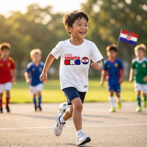 Puede incluir: Una camiseta blanca de manga corta con el texto CROATIA y CRO en rojo, blanco y azul, junto con tres peque&ntilde;os iconos de balones de f&uacute;tbol y un emblema circular que contiene el patr&oacute;n de cuadros rojos y blancos de la bandera croata.
