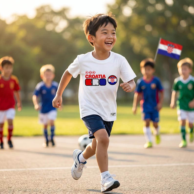 Puede incluir: Una camiseta blanca de manga corta con el texto CROATIA y CRO en rojo, blanco y azul, junto con tres peque&ntilde;os iconos de balones de f&uacute;tbol y un emblema circular que contiene el patr&oacute;n de cuadros rojos y blancos de la bandera croata.