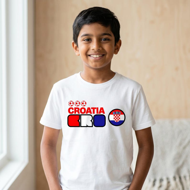Puede incluir: Una camiseta blanca de manga corta con un dise&ntilde;o gr&aacute;fico que incluye tres balones de f&uacute;tbol rojos, la palabra CROATIA en rojo, las letras CRO en rojo, blanco y azul, y un emblema circular de la bandera croata con un patr&oacute;n de cuadros rojo y blanco.