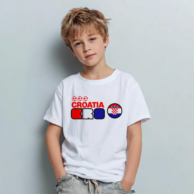 Puede incluir: Una camiseta blanca de manga corta con un estampado gr&aacute;fico que incluye tres balones de f&uacute;tbol rojos, la palabra CROATIA en rojo, las letras BRO en rojo, blanco y azul, y un emblema circular de la bandera croata con un patr&oacute;n de cuadros rojo y blanco.