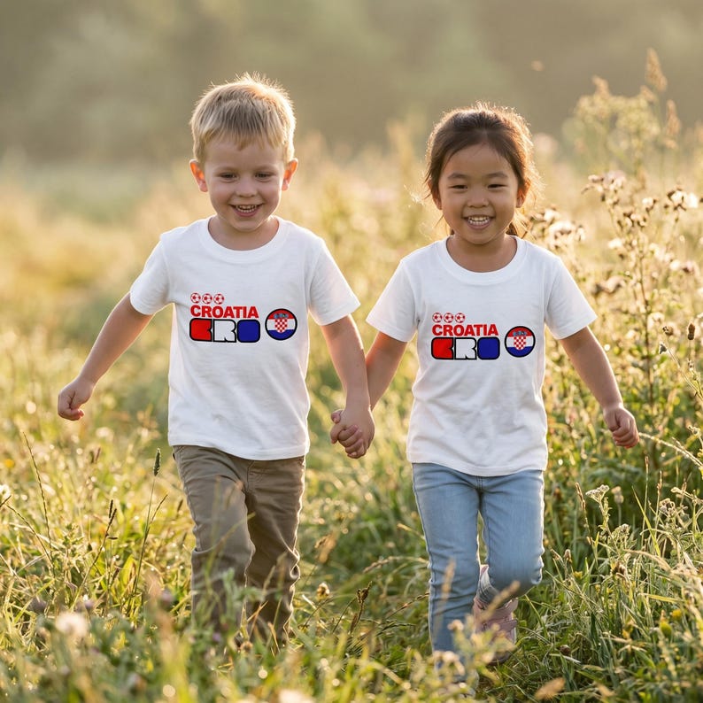 Puede incluir: Dos camisetas blancas de manga corta con el texto CROATIA en rojo, las letras CRO en un dise&ntilde;o de bloques rojo, blanco y azul, tres peque&ntilde;os iconos de bal&oacute;n de f&uacute;tbol y un emblema circular de la bandera croata en la parte delantera.
