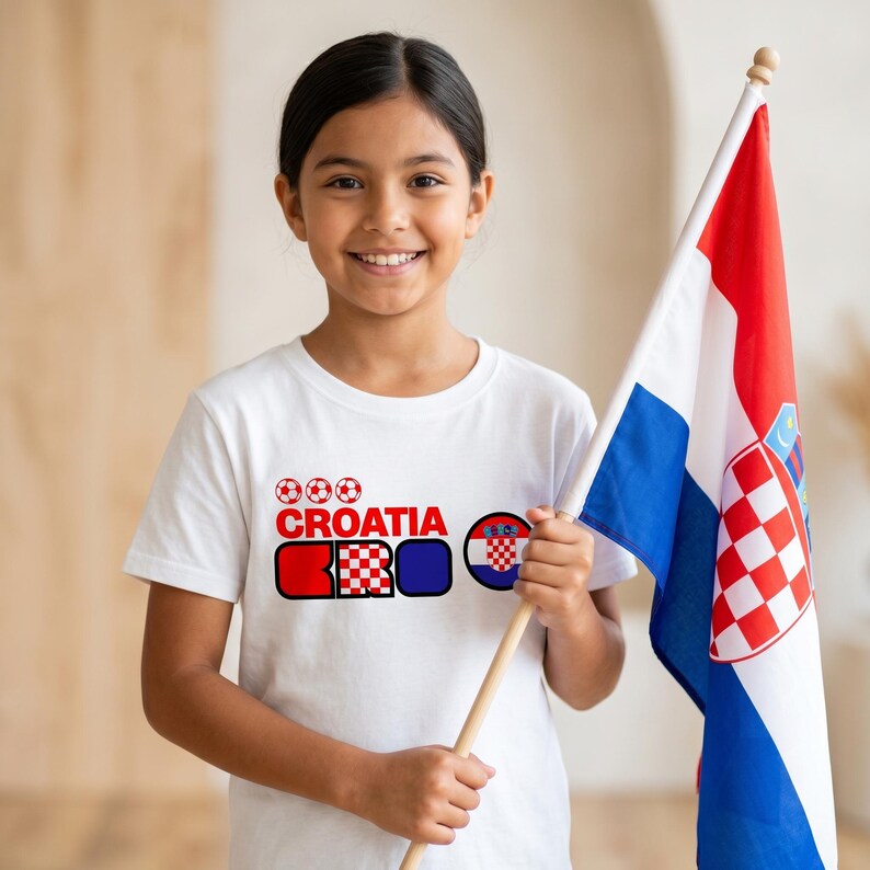 Puede incluir: Una camiseta blanca de manga corta con un estampado gr&aacute;fico de tres balones de f&uacute;tbol, el texto CROATIA y un emblema circular de la bandera croata. La camiseta se acompa&ntilde;a de una bandera de mano con los colores nacionales de Croacia.