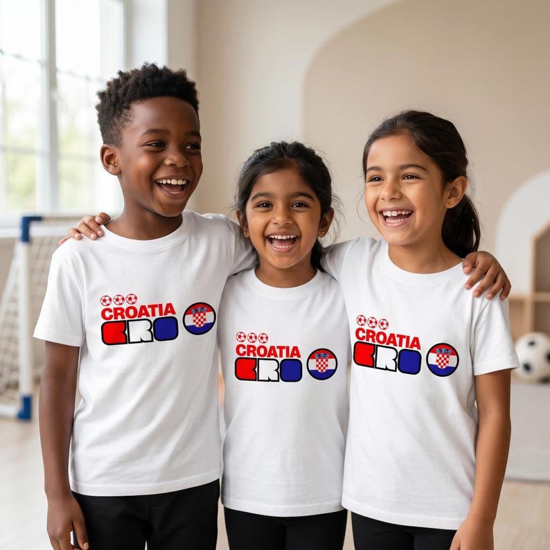 Puede incluir: Tres camisetas blancas de manga corta con un dise&ntilde;o gr&aacute;fico que incluye tres balones de f&uacute;tbol rojos, la palabra CROATIA en rojo, las letras CRO en rojo, blanco y azul, y un emblema circular de la bandera croata en el pecho de cada prenda.